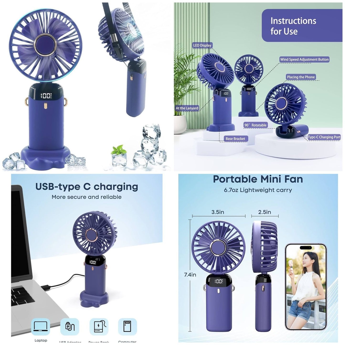 Portable Mini Handheld Fan with Digital Display 5 in 1 Multipurpose USB C Rechargeable Fan with Cable | Random Color